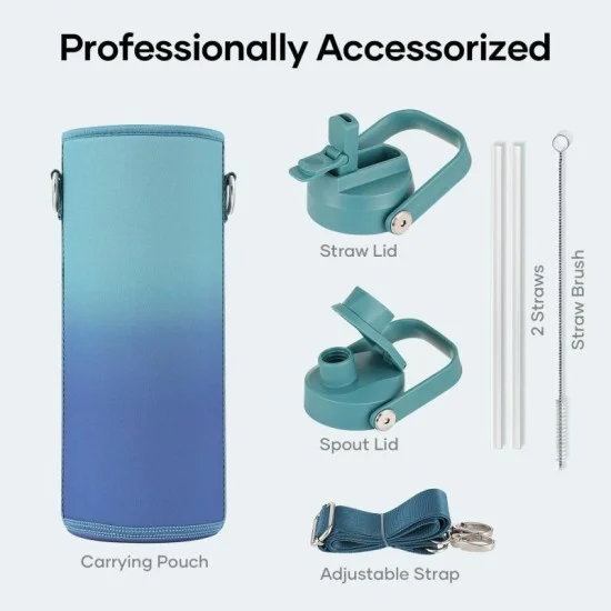 Buzio Duet Series Water Bottle with 2 Lids and Sleeve 700ML - Gradient Cyan